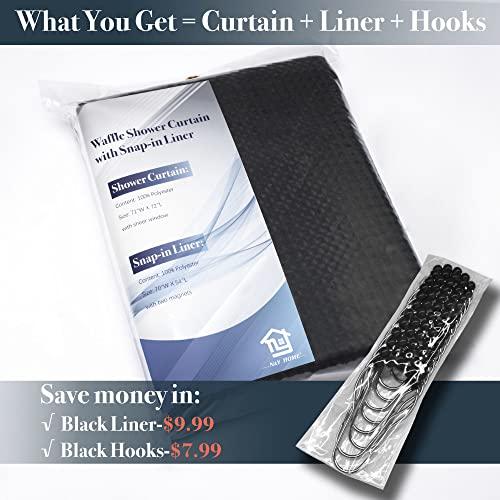 N&Y HOME Waffle Weave Shower Curtain with Snap-in Liner Set Black, 71x72