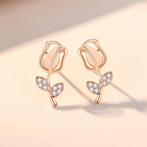 Sterling Silver White Chalcedony Tulip Flower Stud Earrings