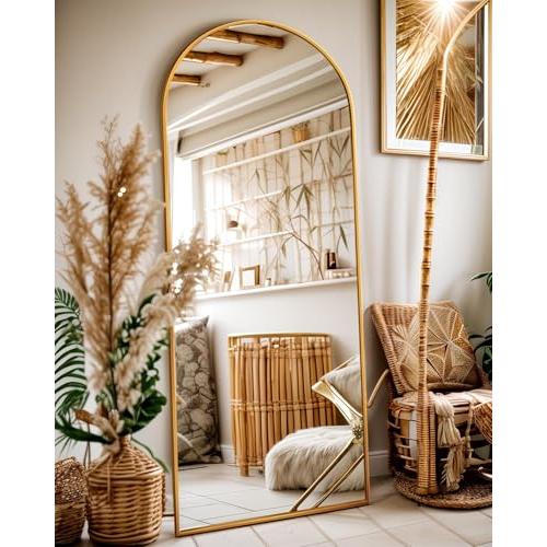 Full Length Mirror, 58x19 Floor Mirror, Arch Floor Standing Mirror Freestanding Arch Full Body with Stand for Bedroom, Hanging Mounted for Living Room Cloakroom, Gold