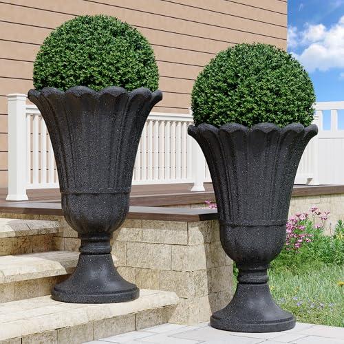 24 Tall Urn Planters Set of 2, Black Outdoor Planter for Porch | HDPE Resin Weather-Resistant Large Planters with Drainage Holes, Lightweight Vintage Petal Design for Patio, Porch, Garden