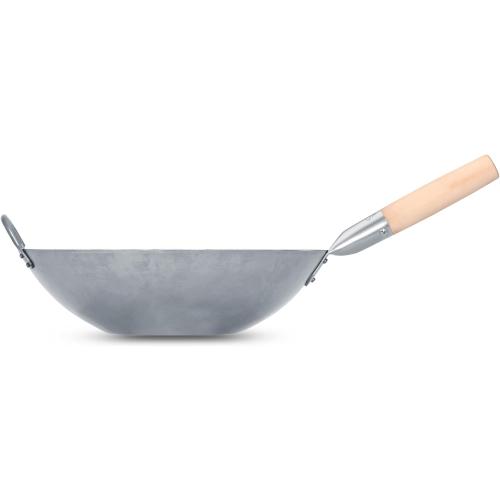 Craft Wok Flat Hand Hammered Carbon Steel Pow Wok with Wooden and Steel Helper Handle (14 Inch, Flat Bottom) / 731W316