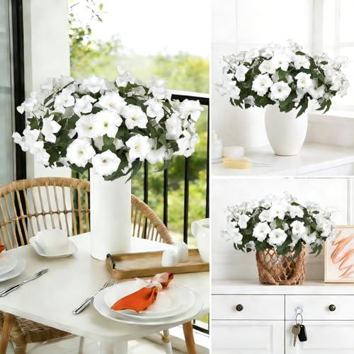 Artificial Flowers for Outdoors, Faux Petunias Spring Summer Decoration, Fake Flowers Plants UV Resistant Look Real Silk Flowers for Outside Planter Front Door Porch Patio Yard (12, White)