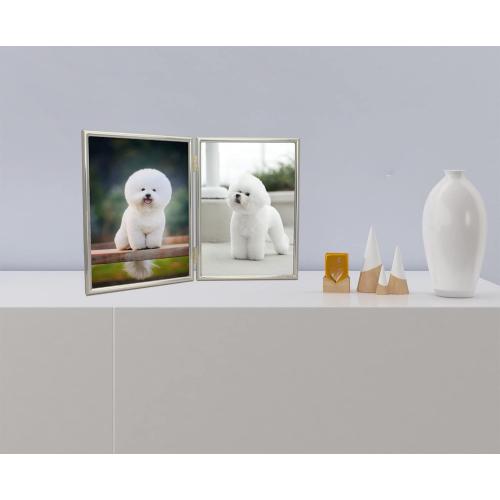 4x6'' Hinged Double Simply Silver Metal Picture Frame, Elegant Silver Plated Metal Photo Frames 4 x 6'' With Soft Touch Velvet Backing for Desktop