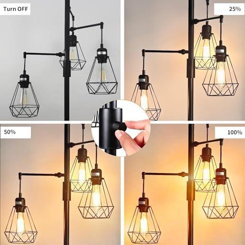 69 Industrial Tree Floor Lamp with Stepless Dimming - Adjustable Cage Shades & weighted Base, Vintage Dimmable Standing Light for Living Room/Office, 3x Edison Bulbs Included (Farmhouse Rustic)