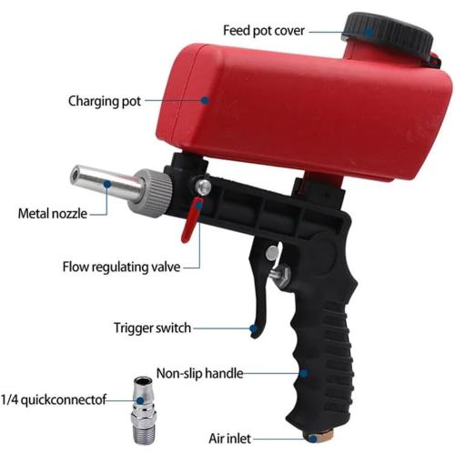 90psi Gravity Feed Sand Blaster Gun Kit - Hand Held Sand Blasting Spray Gun with 2 Nozzle Tips and Air Regulator Remove Paint, Rust, Stains, and Grime on Surfaces