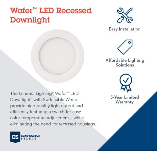 Lithonia Lighting WF4 LED 30K40K50K 90CRI MB M6 Recessed Wafer Downlight with Ultra Thin Round Trim, Color Temperature Selectable, 3000K | 4000K | 5000K, 4-Inch, Matte Black