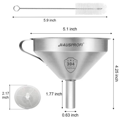 HAUSPROFI Stainless Steel Funnel, 5.1 inch 304 Stainless Steel Kitchen Funnel with 200 Mesh Food Filter Strainer for Transferring Liquids, Oil, Making Jam
