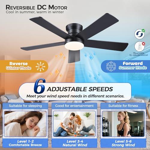 Ayaoty Ceiling Fans with Lights - 48 Black Flush Mount Ceiling Fan Light with 6 Speeds 3CCT Dimmable, Revesible Motor, Low Profile Fan Light for Modern Indoor Bedroom, Kitchen