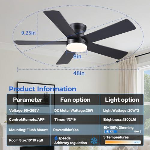 Ayaoty Ceiling Fans with Lights - 48 Black Flush Mount Ceiling Fan Light with 6 Speeds 3CCT Dimmable, Revesible Motor, Low Profile Fan Light for Modern Indoor Bedroom, Kitchen
