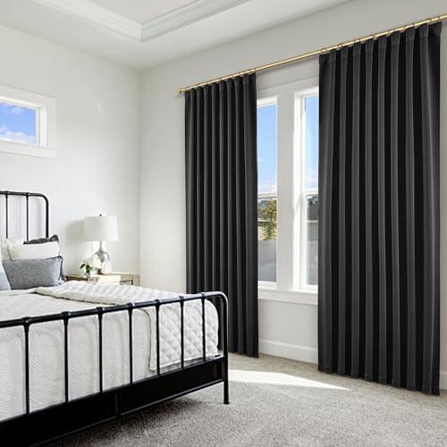 SHINELAND Back Tab Black Out Curtains Drapes 108 Inches Long 2 Panels,Pleated Blackout Tall Curtains for Large Window