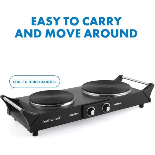 Techwood 1800W Hot Plate Portable Electric Stove Countertop Double Burner with Adjustable Temperature & Stay Cool Handles, 7.5” Cooktop for RV/Home/Camp, Compatible for All Cookwares