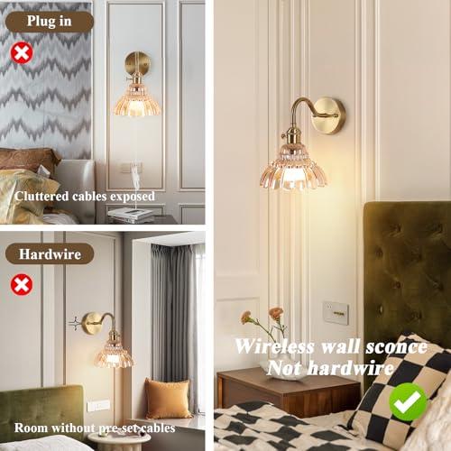 Vintage Battery Operated Wall Sconces Set Of Two, Indoor not Hardwired Brass Amber Glass Lampshade Fixtures,Rechargeable Wireless RGB Wall Lights with Dimmable Remote Control,for Bedroom Living Room