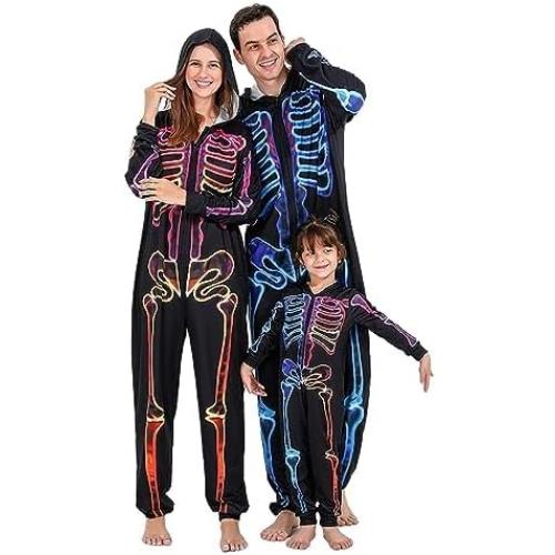 MensL..WomanS..and kid3-4...Patgoal Halloween Skeleton Costumes Matching Family One Piece Hooded Jumpsuit Bodysuit for Men Women Kids Couples Adult