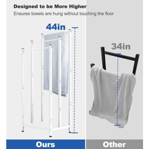 44 Inch Tall Free Standing Towel Rack with Metal Storage Shelf & 6 Hooks for Bathroom, 3 Tiers Heavy Duty Blanket Drying Stand Holder for Outdoor Pool, Bedroom, Living Room, White
