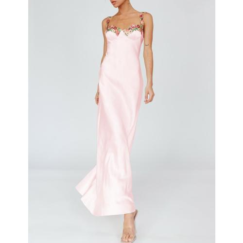 Size S Sexy Satin Spaghetti Strap Floral Embroidered Maxi Dress for Women Sweetheart Neckline Backless Sleeveless Slit Midi Dress