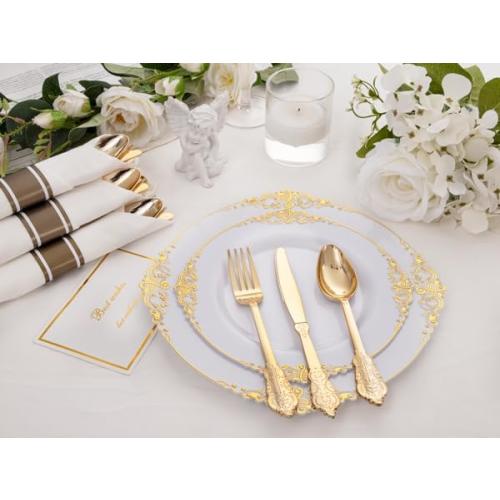 Set of 400PCS Pre Rolled Gold Plastic Silverware Sets - Heavy Duty Fancy Gold Cutlery - Include 100 Pack Wrapped Disposable Utensils with Napkins for Parties, Dinners & Weddings