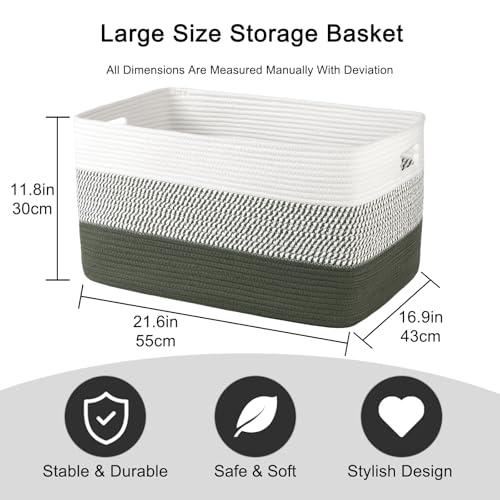 OIAHOMY Blanket Basket Laundry Basket Dog Toy Basket 75L Green/White | Large Storage Basket,Baby Basket,Toy Storage,Woven Rope Basket for Blankets,Blanket Storage for Living Room