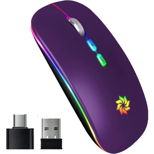 KBCASE Wireless Mouse, LED Wireless Mouse for Laptop, Slim Silent Mouse 2.4G Rechargeable Wireless Computer Mouse for Laptop, MacBook, iPad, Chromebook, with USB & Type-c Receiver
