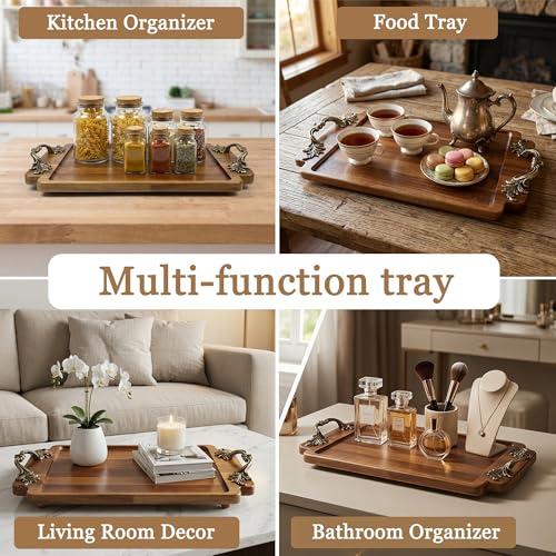 Vintage Coffee Table Decor Wooden Serving Tray, Home Decorative Wood Vanity Tray for Bathroom Kitchen Bedroom (15.3 L x 9.8 W)