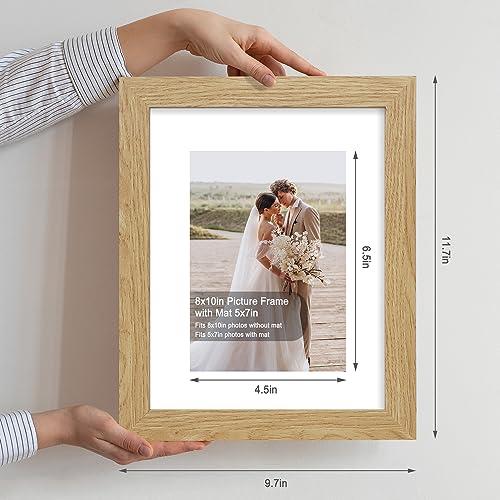 Hongkee 8x10 Picture Frame Set of 4, Made of Real Glass and Natural Oak Wooden Frame, 8 by 10 Photo for Wall or Tabletop - Display Picture 5x7 with Mat or 8x10 Without Mat