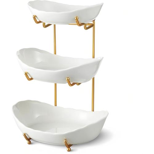 Ceramic Fruit Bowl for Kitchen Counter - 3 Tier Fruit Basket with Metal Stand, Tiered Fruit Stand for Countertop, Snack, Nuts, Cake, Dessert, Cute (Gold, Small) 1