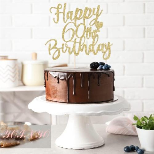 60th Handmade Glitter happy birthday Cake Topper, Cheers to 60th birthday Cake Bunting Decor,Party Decoration Supplies (Gold)
