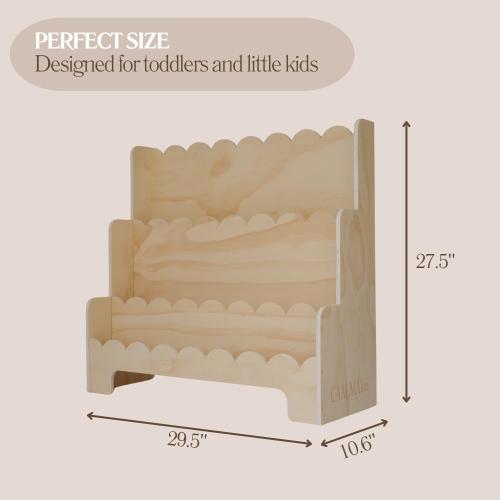 Tan CAALMA Scalloped Book Shelf – Montessori Bookshelf – Wooden 3-Tier Toddler Bookshelf, Front Facing Bookcase for Nursery, Playroom, Kids Room or Classroom