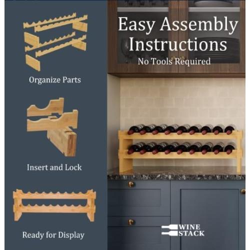 18 Bottle Bamboo Stackable Small Wine Rack for Countertop, No Tools Assembly, Durable, Wine and Liquor Bottle Storage for Small Spaces