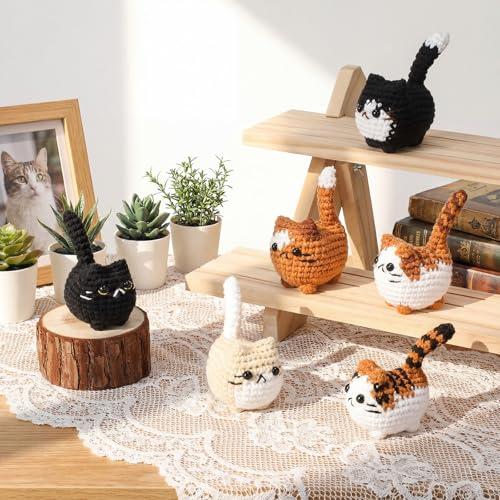 6 Pcs Crochet Cat Figurines Handmade Knitted Cute