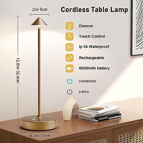 Set of 2 Rechargeable Cordless Table Lamp,6000mAh LED Battery Operated Desk Lamp Touch 3 Color Dimming Portable Outdoor Waterproof Table Light for Patio/Restaurant/Dining/Home (Bronze)