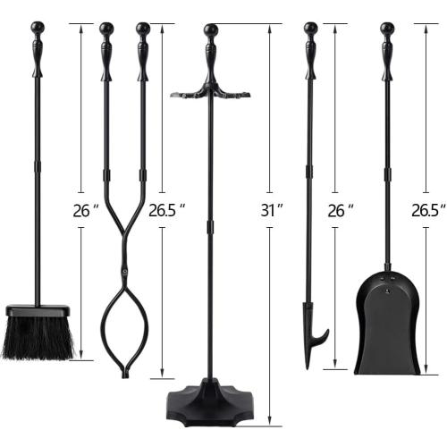 AMAGABELI GARDEN & HOME 5 Pcs Fireplace Tools Sets Black Handle Wrought Iron Large Fire Tool Set and Holder Outdoor Fireset Fire Pit Stand