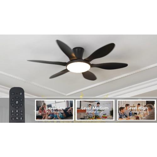 Ceiling Fans with Lights, 51 inch Modern Black Low Profile Ceiling Fan with Light and Remote App Control, Flush Mount, Quiet DC Reversible, Dim Led Ceiling Fan 6 Blade Softer Wind Indoor/Outdoor Patio