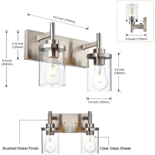 2 Light Black Vanity Wall Sconce Lights Brushed Nickel Industrial Bathroom Vanity Lighting with Clear Glass Shade Farmhouse Matte Wall Lamp for Hallway, Bathroom Wall Sconce Fixtures