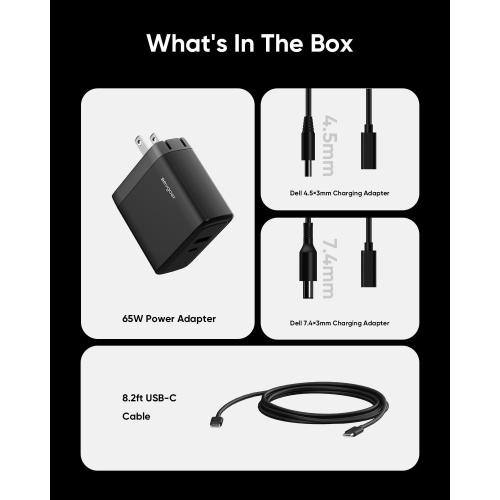 65W Dell Charger for Laptop, Dell Computer Charger USB-C for XPS, Inspiron, Latitude and Vostro Models, Power Cord 4.5 * 3.0 mm and 7.5 * 3.0 mm Compatible with Both 65W 45W (Foldable AC Plug)