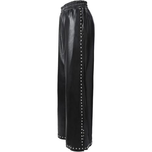 Women's L Wide Leg Faux Leather Pants Rivets Pearls Elastic Waist Beggy Trousers with Pockets