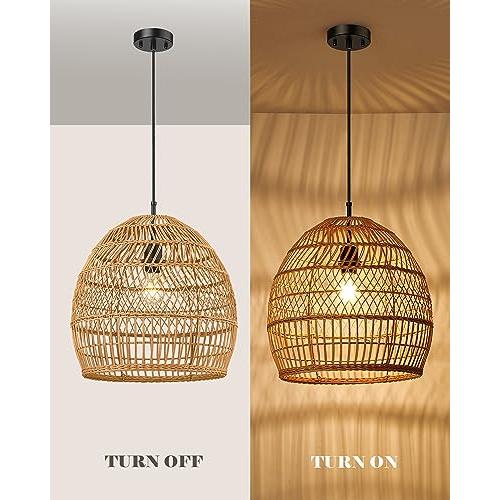 ELYONA Modern Boho Rattan Chandelier, 16” Large Rustic Wicker Pendant Light Fixtures, Basket Hand Woven Hanging Lamp for Coastal Kitchen Island Dining Room Living Room Bedroom Foyer (40cm*40cm)