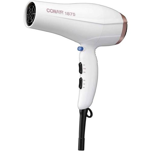 Conair Double Ceramic 1875W Hair Dryer, 3 Heat/ 2 Speed Blow Dryer, Powerful and Fast Drying, Includes Concentrator, Cool Shot Button, Removable Filter, White, Travel hair dryer