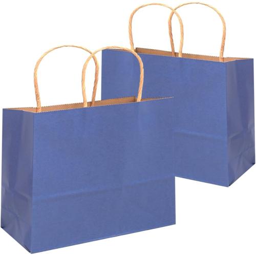 qiqee 100PCS Large Gift Bag with Handles Bulk 13x4.5x10 Gift Bags Kraft Deep Blue Multiple Uses (32x11x25cm,Wide Large)