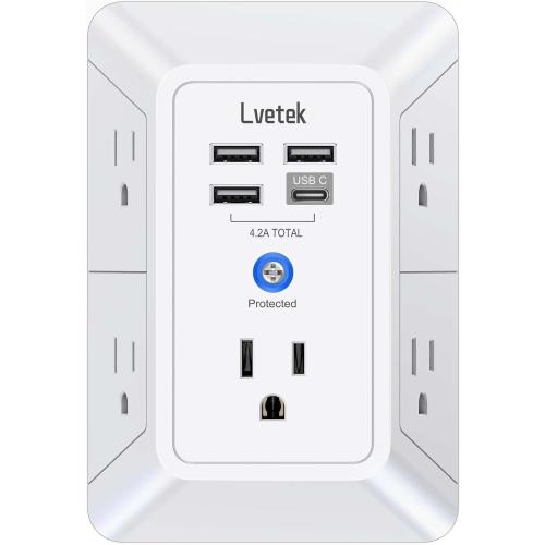 5 Outlet Extender Multi Plug Wall Outlets with 4 USB Charging Ports (1 USB C Outlet), 3 Sided 1680J Surge Protector Power Strip USB Wall Charger for Home, Office, Travel, ETL Listed, White