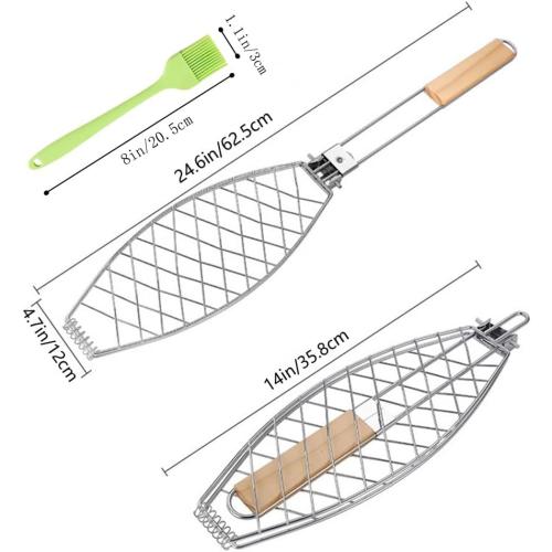 Fish Grilling Basket Fish Holder Kabob Salmon Shrimp Seafood Cage Rack with Oil Brushes