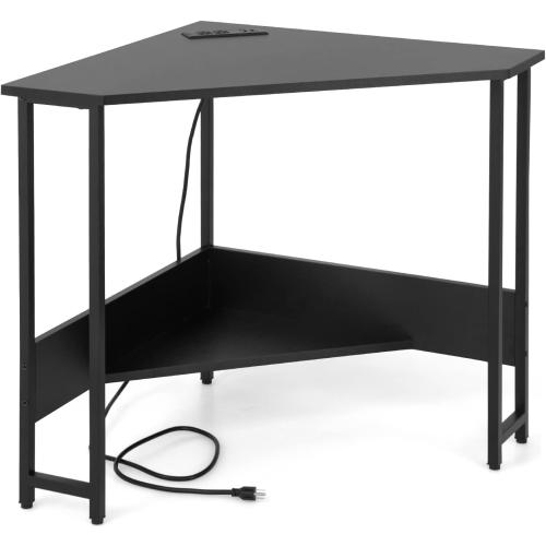 HOMGX Triangle Corner Computer Desk with USB Ports & Power Outlet, Modern Vanity Desk with Storage Shelf, Space Saving for Small Home Office, Black