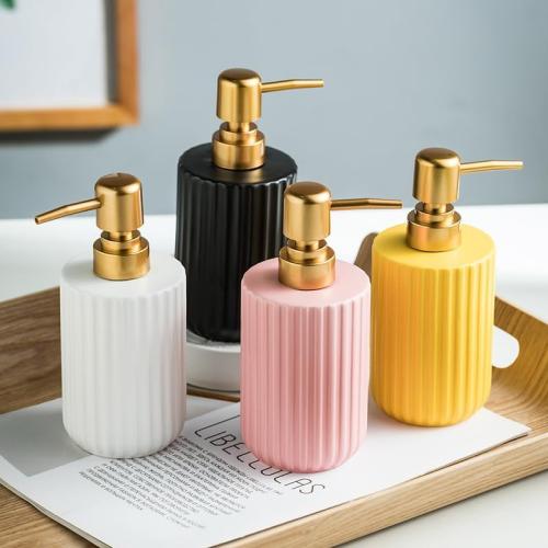 Chic Cylinder-Shaped Soap Dispenser, Vertical Stripe Design with Gold Pump, Ceramic Lotion Dispenser(Yellow)