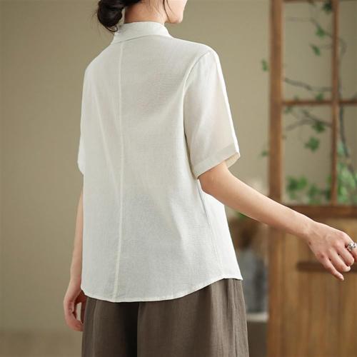 Size3XL -Women's Fashion Solid Button Down Shirts Lapel Short Sleeve Casual Cotton Linen Blouse Summer Cool Comfort Tops