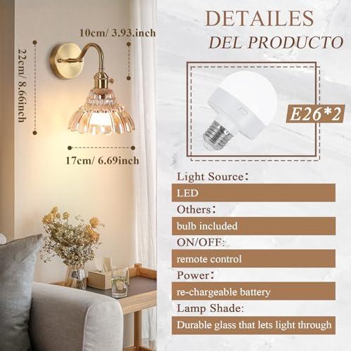 Vintage Battery Operated Wall Sconces Set Of Two, Indoor not Hardwired Brass Amber Glass Lampshade Fixtures,Rechargeable Wireless RGB Wall Lights with Dimmable Remote Control,for Bedroom Living Room