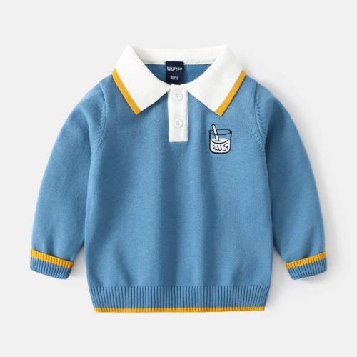 Kids Boys Cartoon Embroidered Knit Sweater Long Sleeve Polo Collar Striped Sweatshirt Cotton Pullover Tops