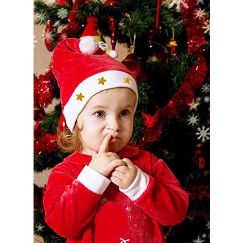 12 Fancy Christmas Santa Hats with 12 Jingle Bell Necklaces Bulk for Christmas Party Favor Photo Booth; One Size Fits All.