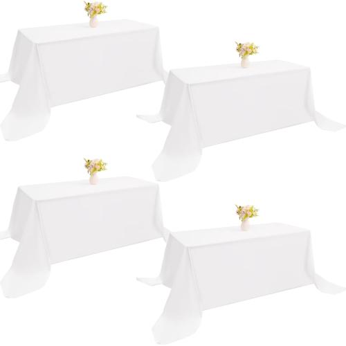 4 Pack Rectangle Tablecloth 90x132Inch White Washable Polyester Table Cover for Wedding Dining Table Buffet Parties Banquet Decoration（White）