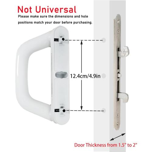 Sliding Patio Door Handle with Mortise Lock and keys, Key Cylinder and Keeper, 4-15/16 Hole Spacing, Reversible Design(Non-Handed), 4 15/16 Glass Door Replacement Handle Lock, Need to Drill (White)