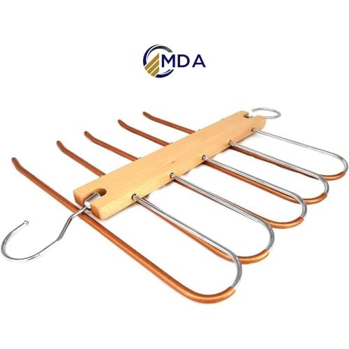 Wooden Pant Hanger - 5 Layers Space Saver - Trouser Hanger, Space-Saving 5-in-1 Trouser Hanger, Stainless Steel Extendible, Multi Hanger, Magic Hanger, Wardrobe Clothes Hanger Holder