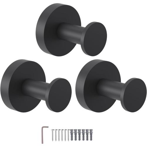 Epock Towel Hooks for Bathrooms Screw-in Stainless Steel Robe Coat Clothes Hook Bathroom & Kitchen Round Style Wall Hooks Rustproof 3 Packs -Matt Black
